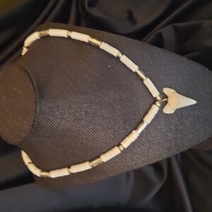Shark Tooth Replica Necklace with White and Silver Beads
